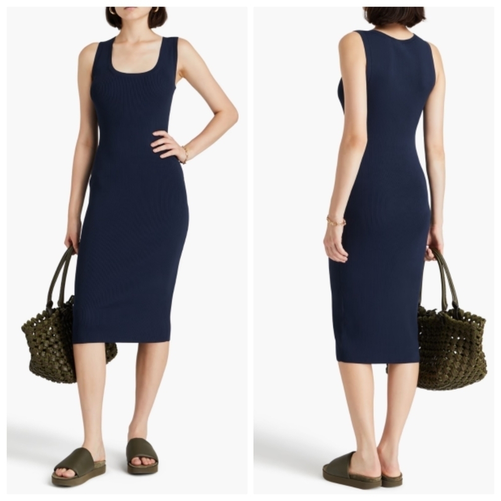 New Theory Ribbed Knit Sleeveless Navy Glossed Midi Dress NWT